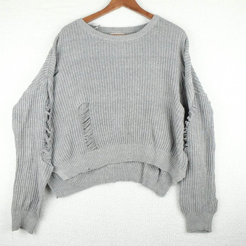 If It Were Me Sweater Womens Medium Gray Distressed Cropped Oversized Outdoor